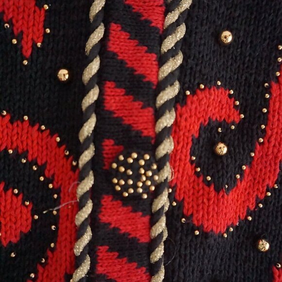 Vintage Gantos Black Knit Red Beaded Swirl Button Up Sweater M - Picture 13 of 13